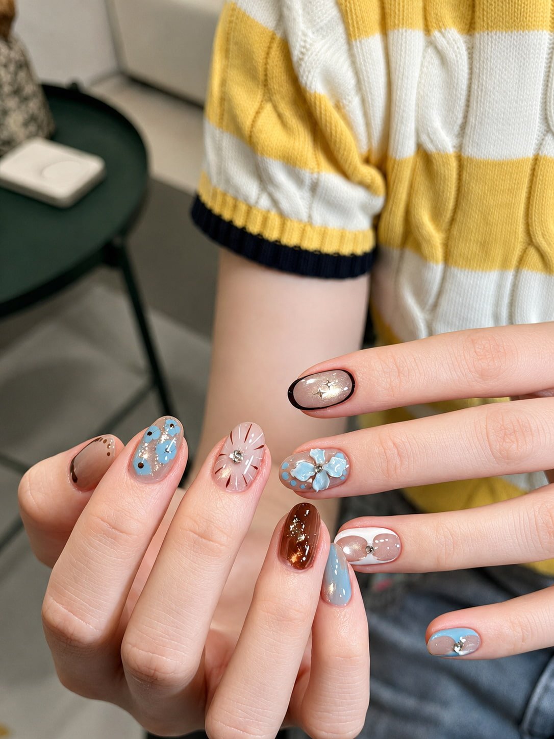 Blue Flower and Cocoa Brown Fall Nail Design for Short Nails
