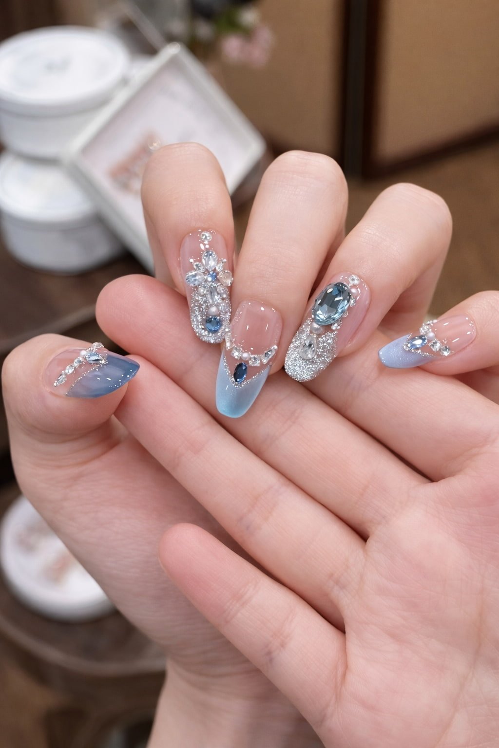Blue French Wedding Nails with Crystals and Silver Glitter