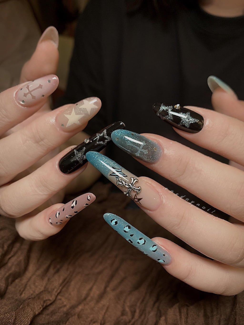 Blue Leopard Print and Star Y2K Nails