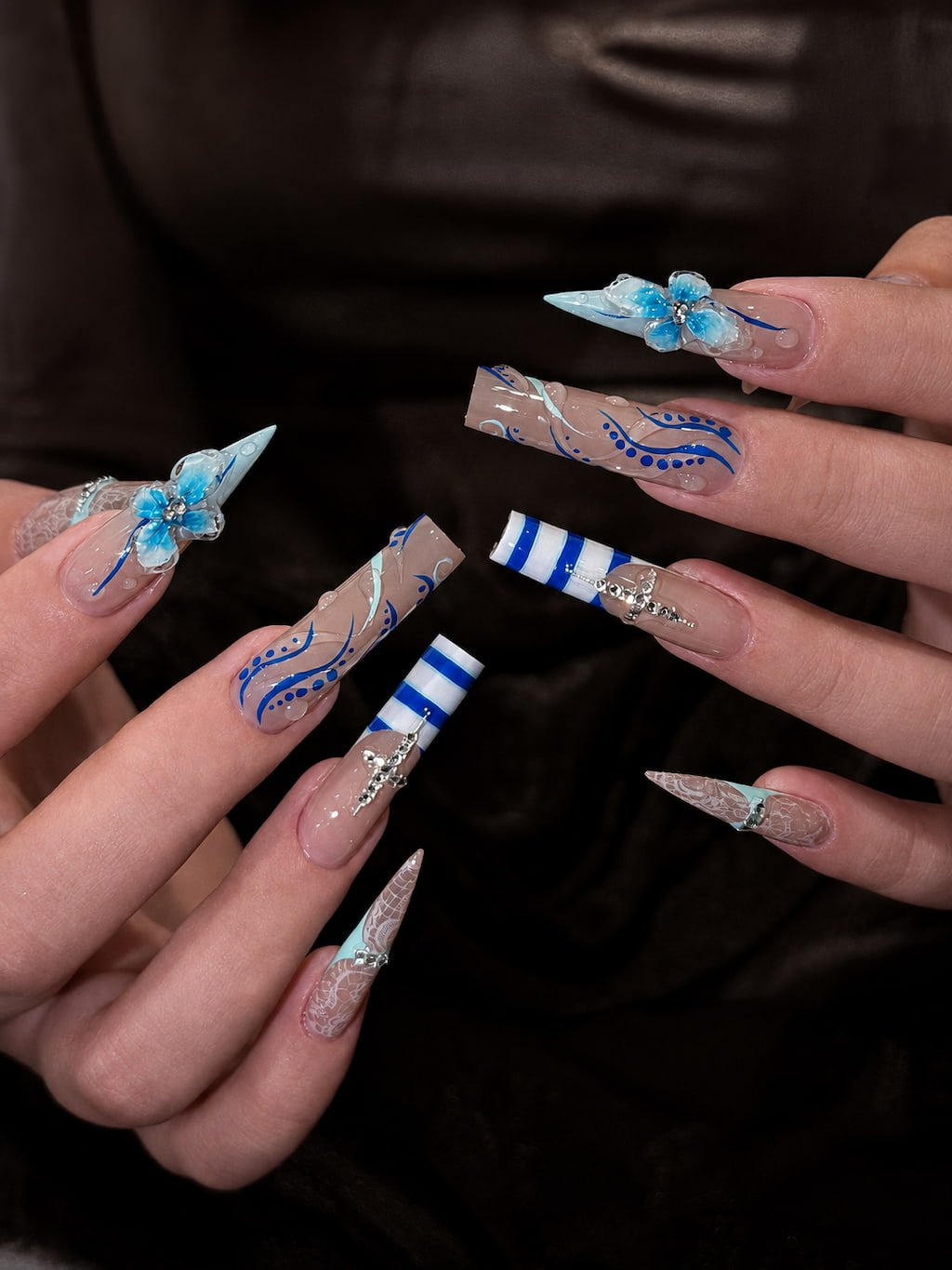 Blue Swirl Stripes and 3D Flower Charm August Nails