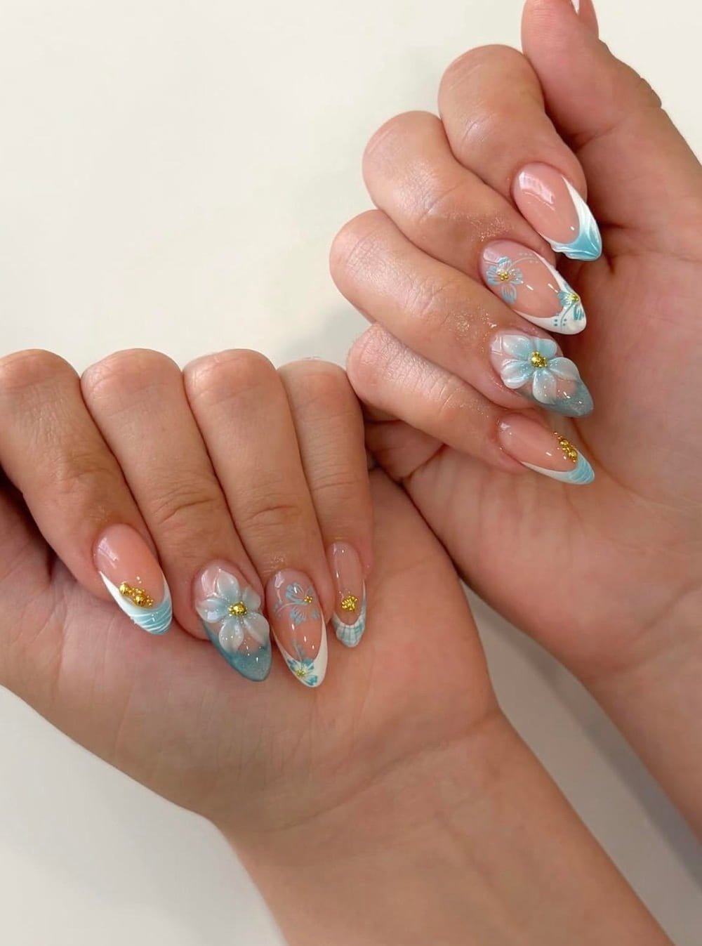 Blue Tropical Flower Beachy Nail Design