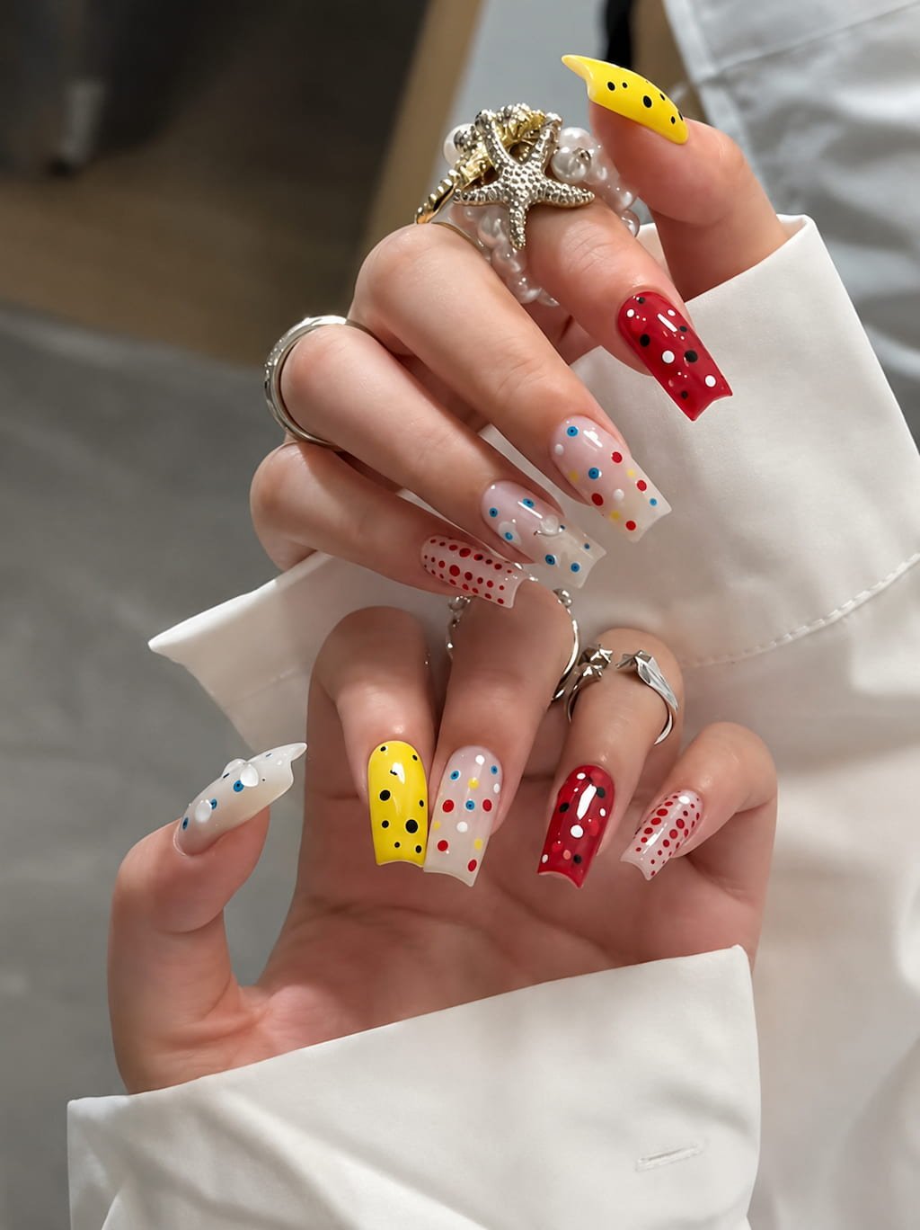 Bold Polka Dot Preppy Nails in Red, Yellow, and White