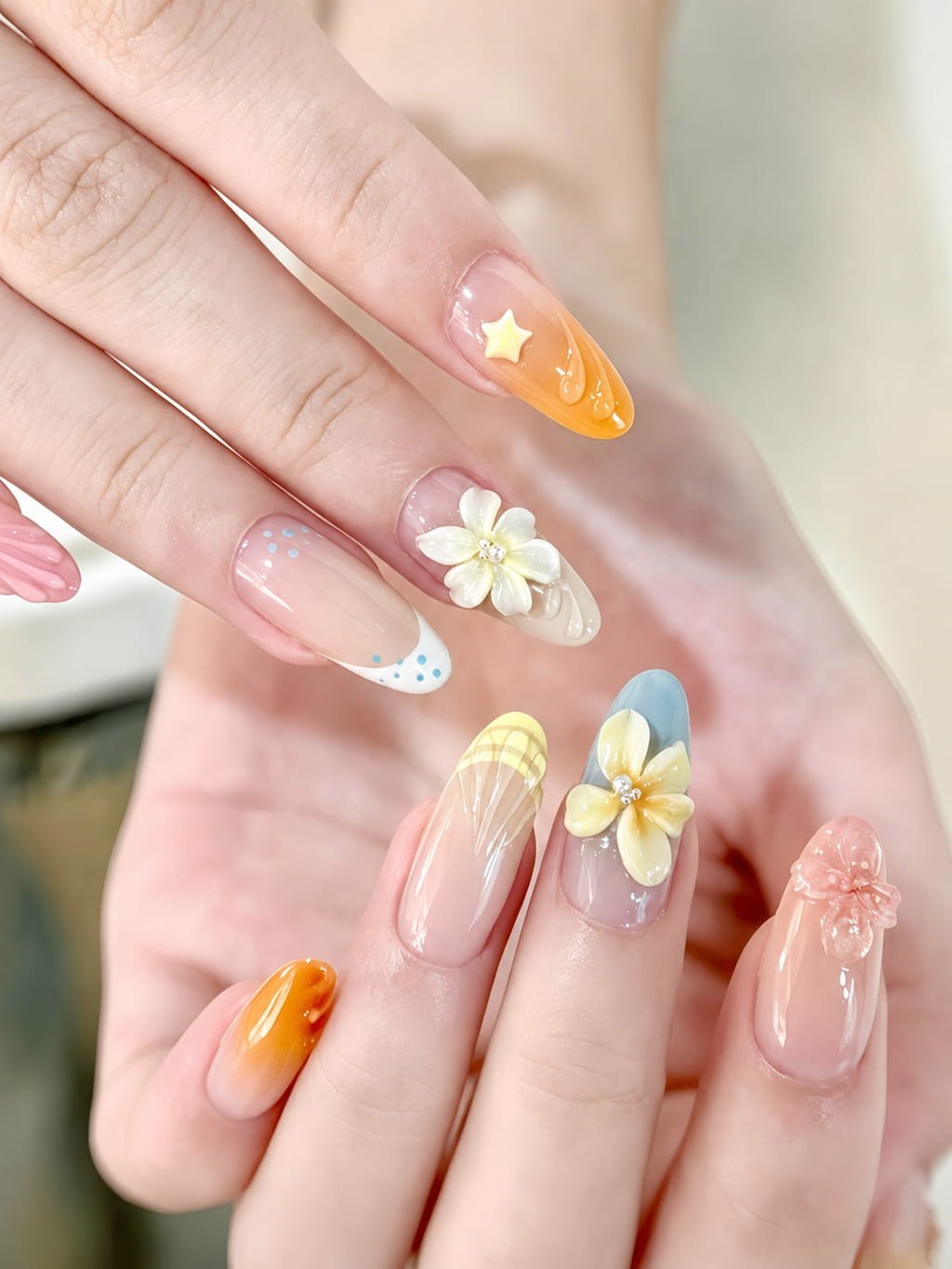 Bright Summer Nail Art with 3D Flowers and Citrus Tones