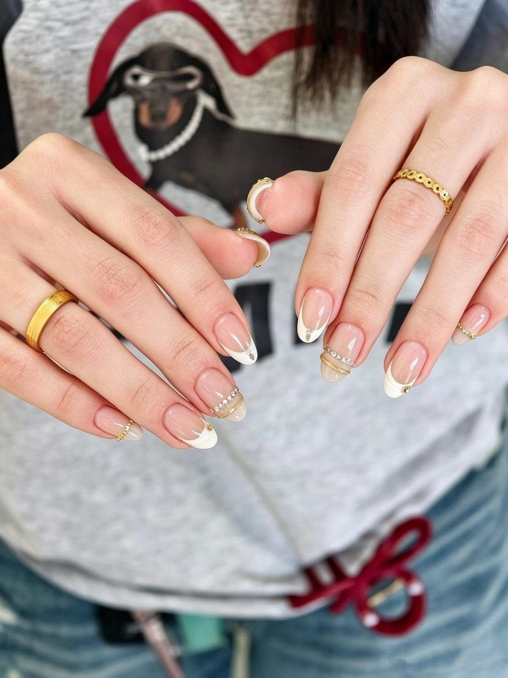 Brown French Nails with Burgundy Tips and 3D Star Charms