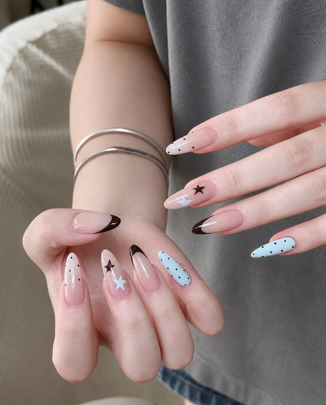 Brown French Nails with Star Art and Blue Polka Dot Details