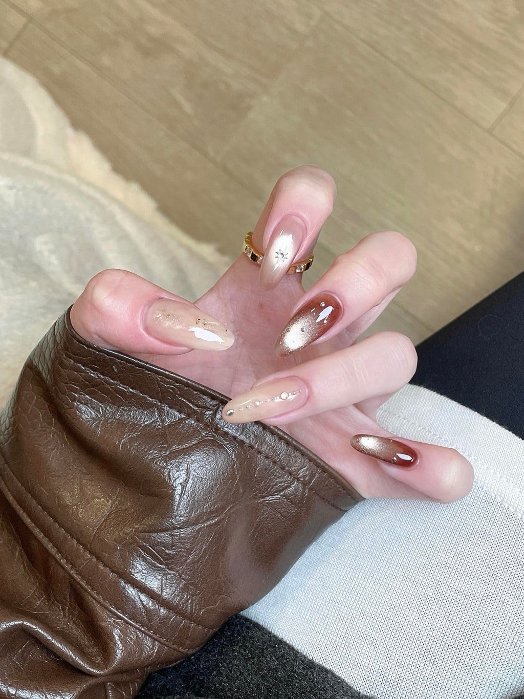 Brown Ombre and Gold Chrome Fall Nail Design for Almond Nails
