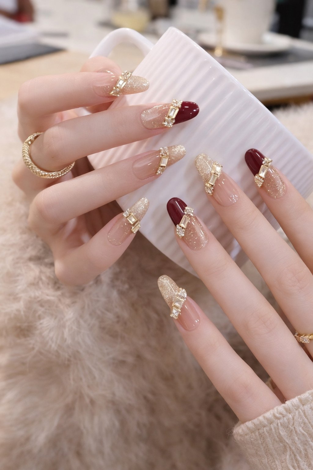 Burgundy and Gold Wedding Nails with Crystal Buckle Charms
