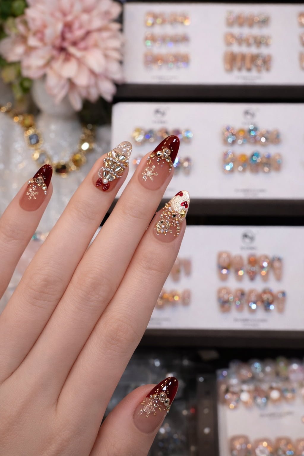 Burgundy and Gold Wedding Nails with Jeweled Floral Art