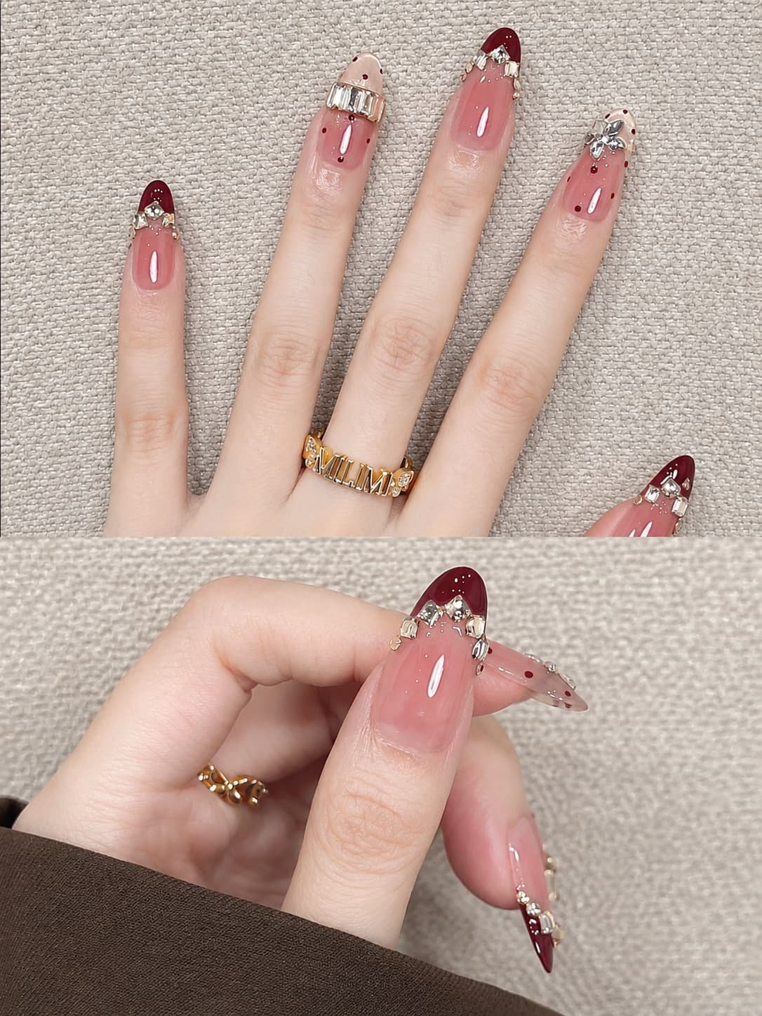 Burgundy French Tip Fall Nail Design with Rhinestone Details
