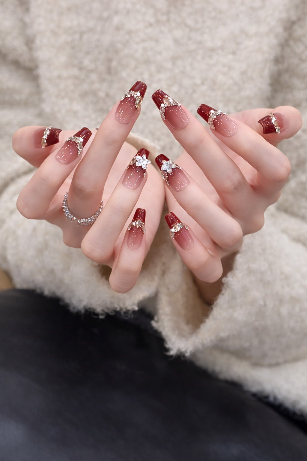 Burgundy French Wedding Nails with Crystal Floral Accents