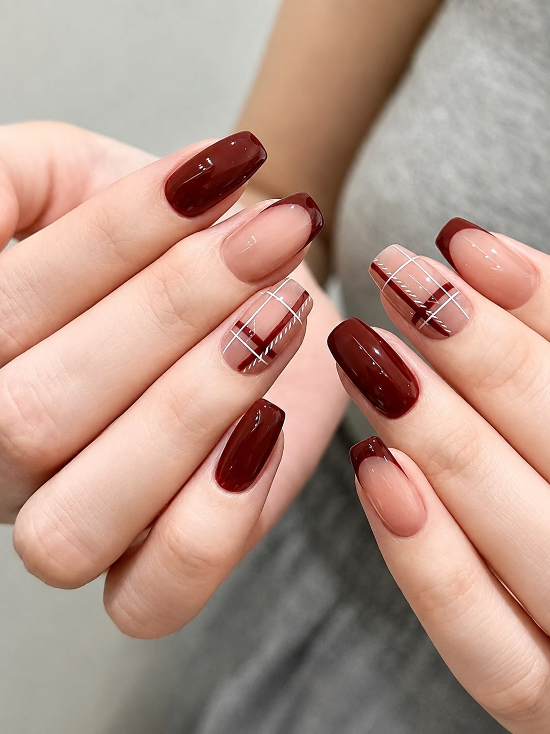 Burgundy Plaid French Tip Fall Nail Design