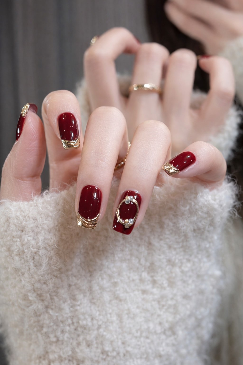 Burgundy Wedding Nails with Gold Frames and Pearl Details