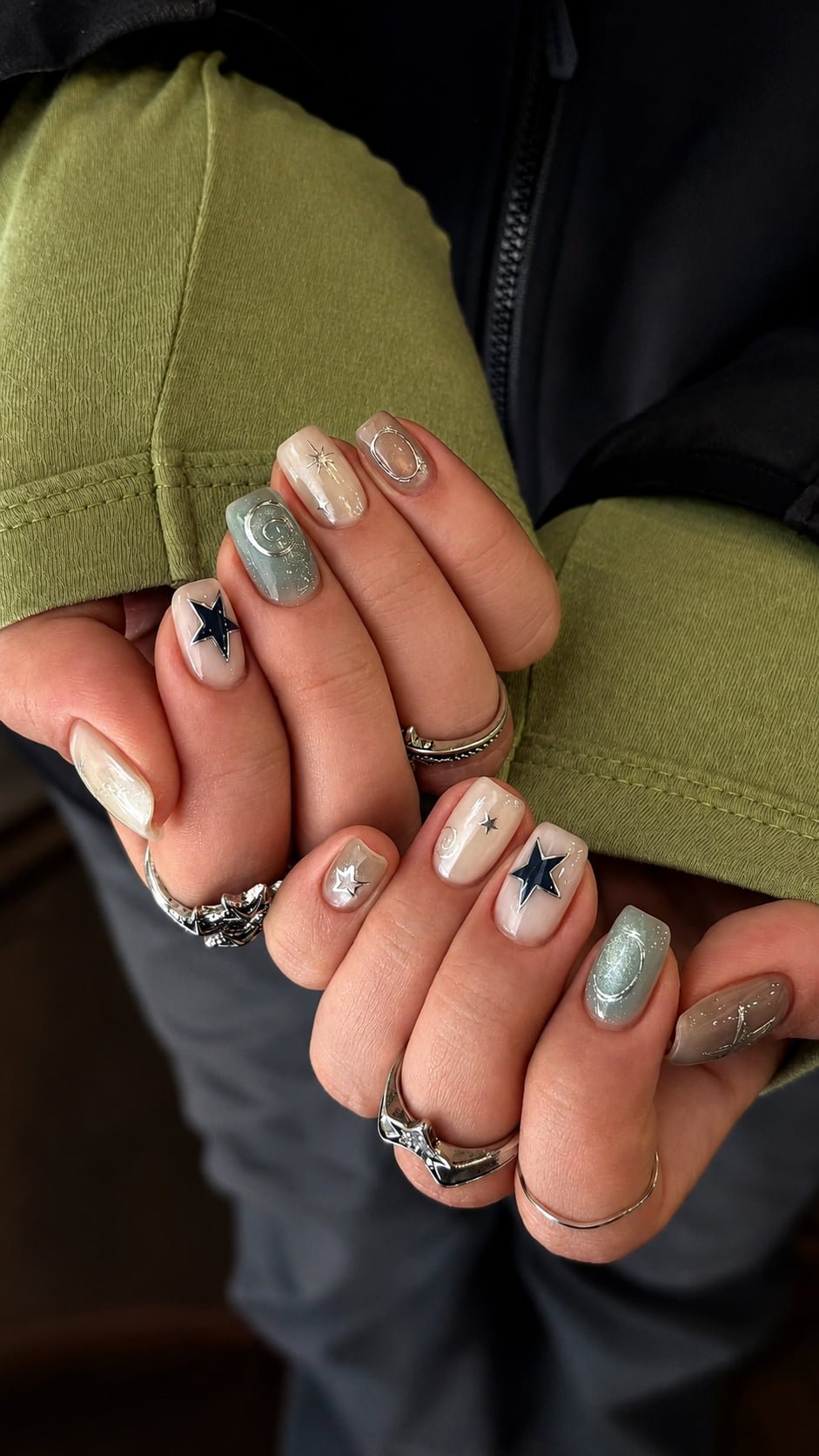 Celestial Preppy Nails with Navy Stars and Chrome Details