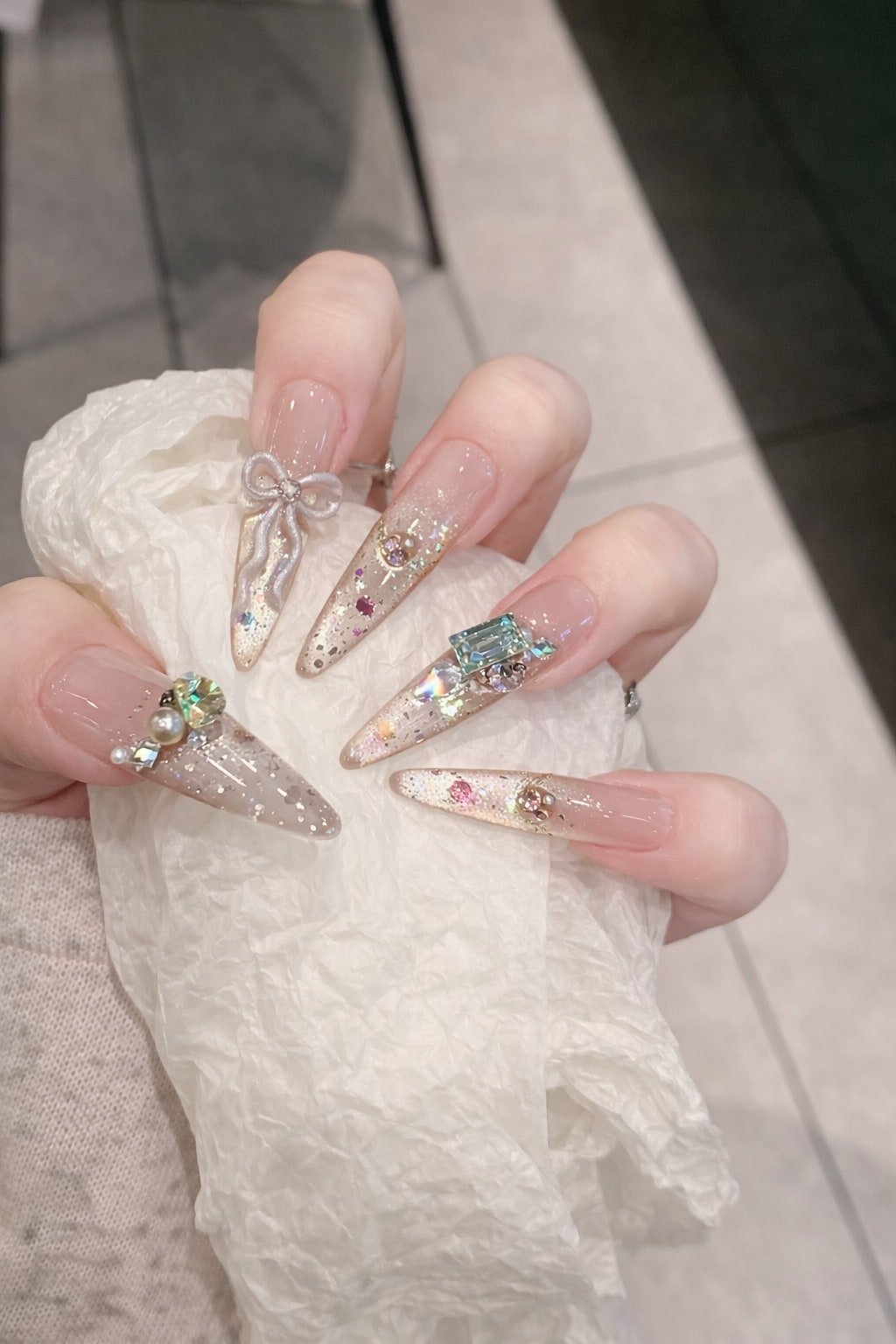 Champagne Glitter Wedding Nails with Bow and Crystal Charms