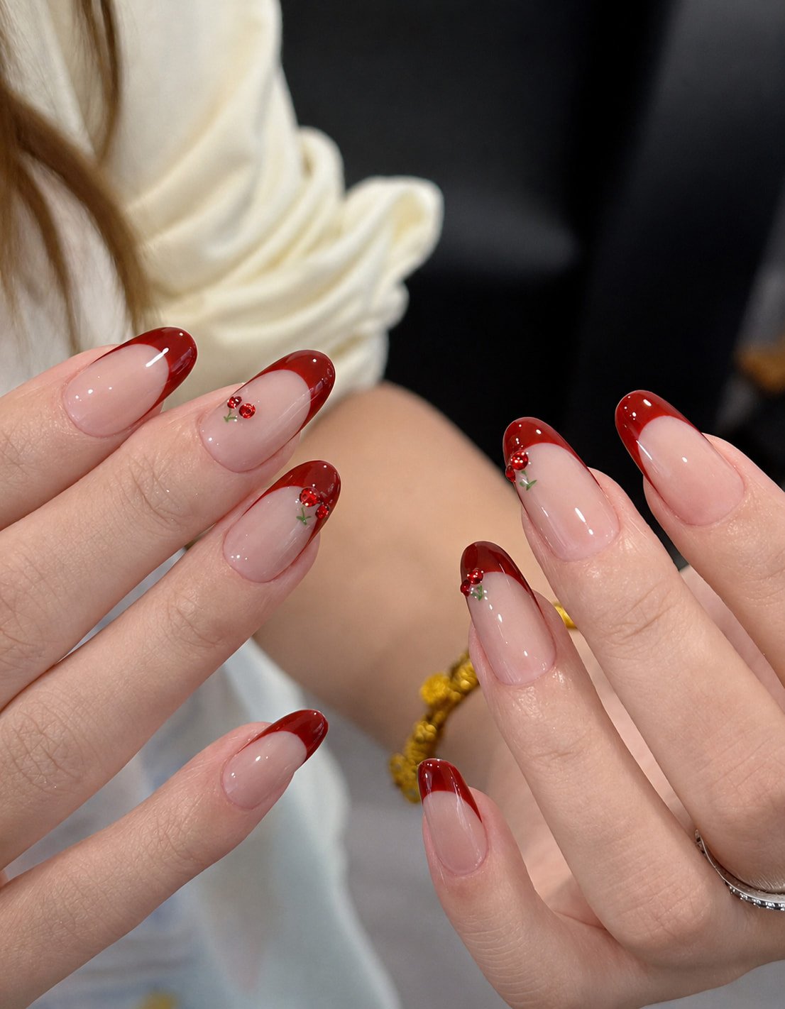 Cherry Red French Nails with Tiny Fruit Details