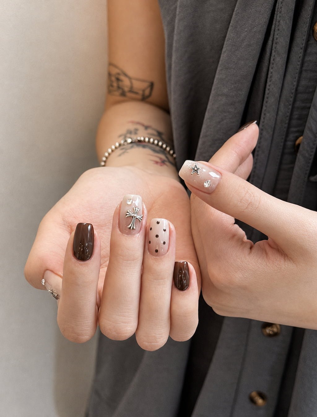 Chocolate Brown Cross and Polka Dot Y2K Nails