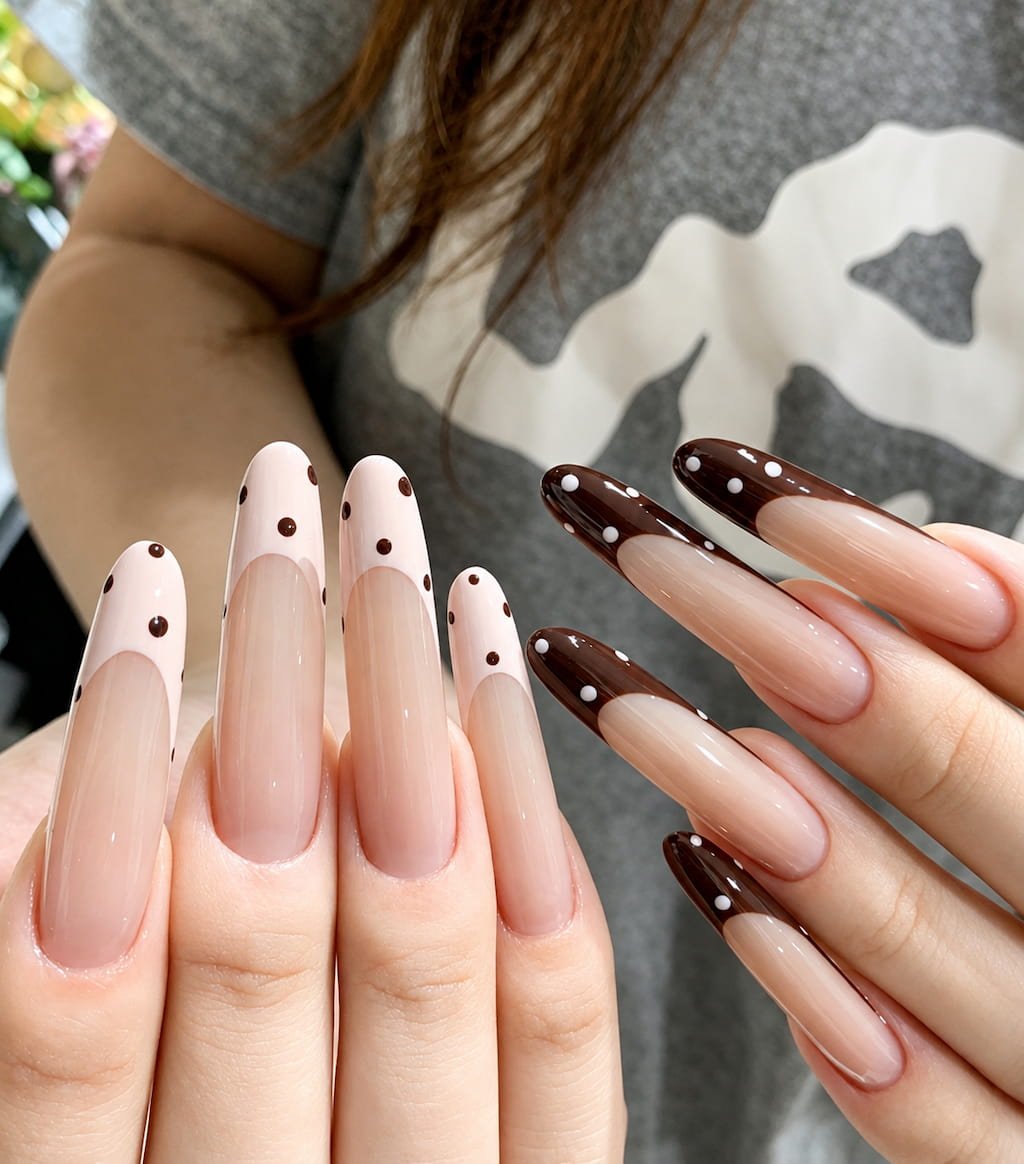 Chocolate Polka Dot French Tip Preppy Nails