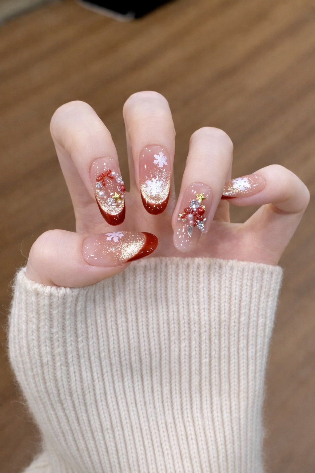 Christmas Wedding Nails with Red Tips and Snowflakes