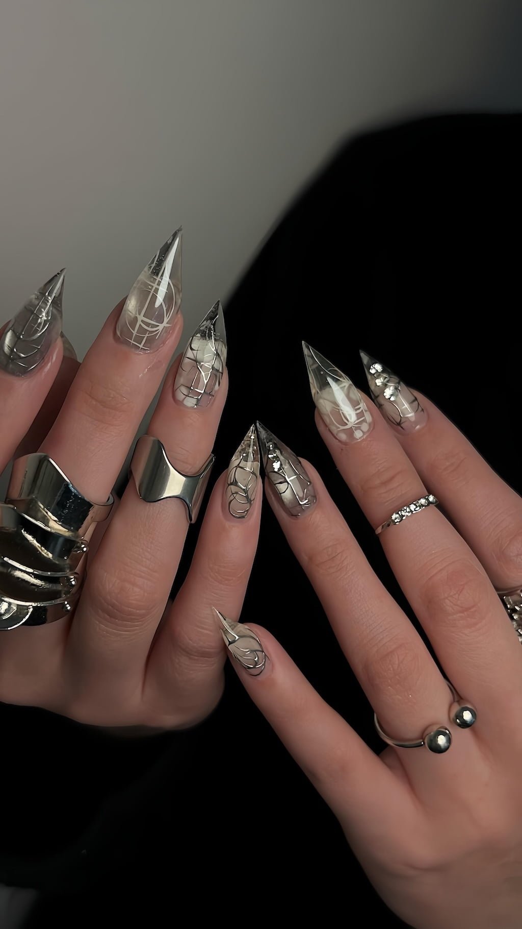 Clear Cat Claw Nails with Black Abstract Line Art