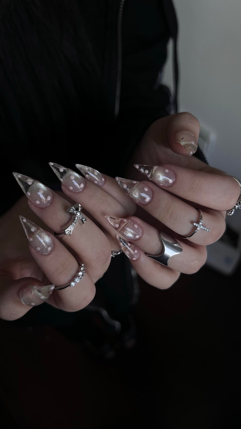 Clear Cat Claw Nails with White Polka Dot Art