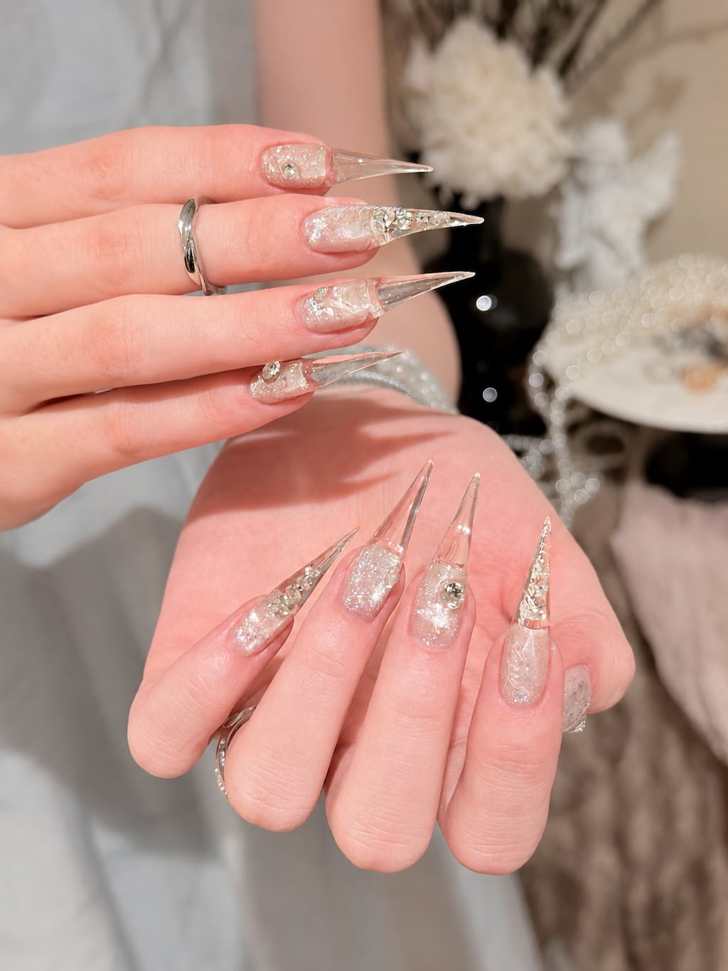Clear Crystal Cat Claw Nails with Silver Glitter Details