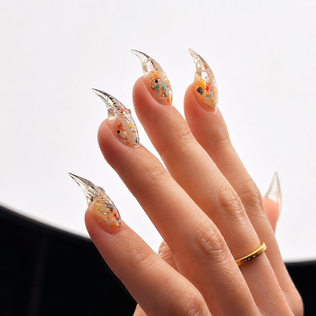 Clear Orange Cat Claw Nails with Glitter Confetti
