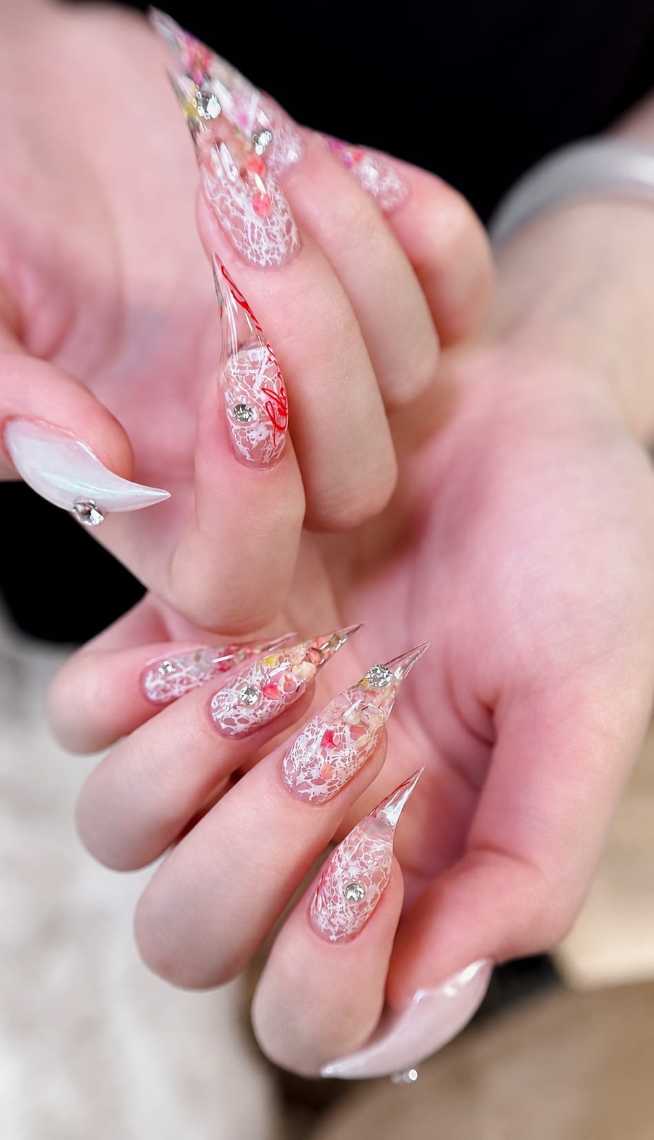 Clear Pink Cat Claw Nails with White Lace and Floral Charms