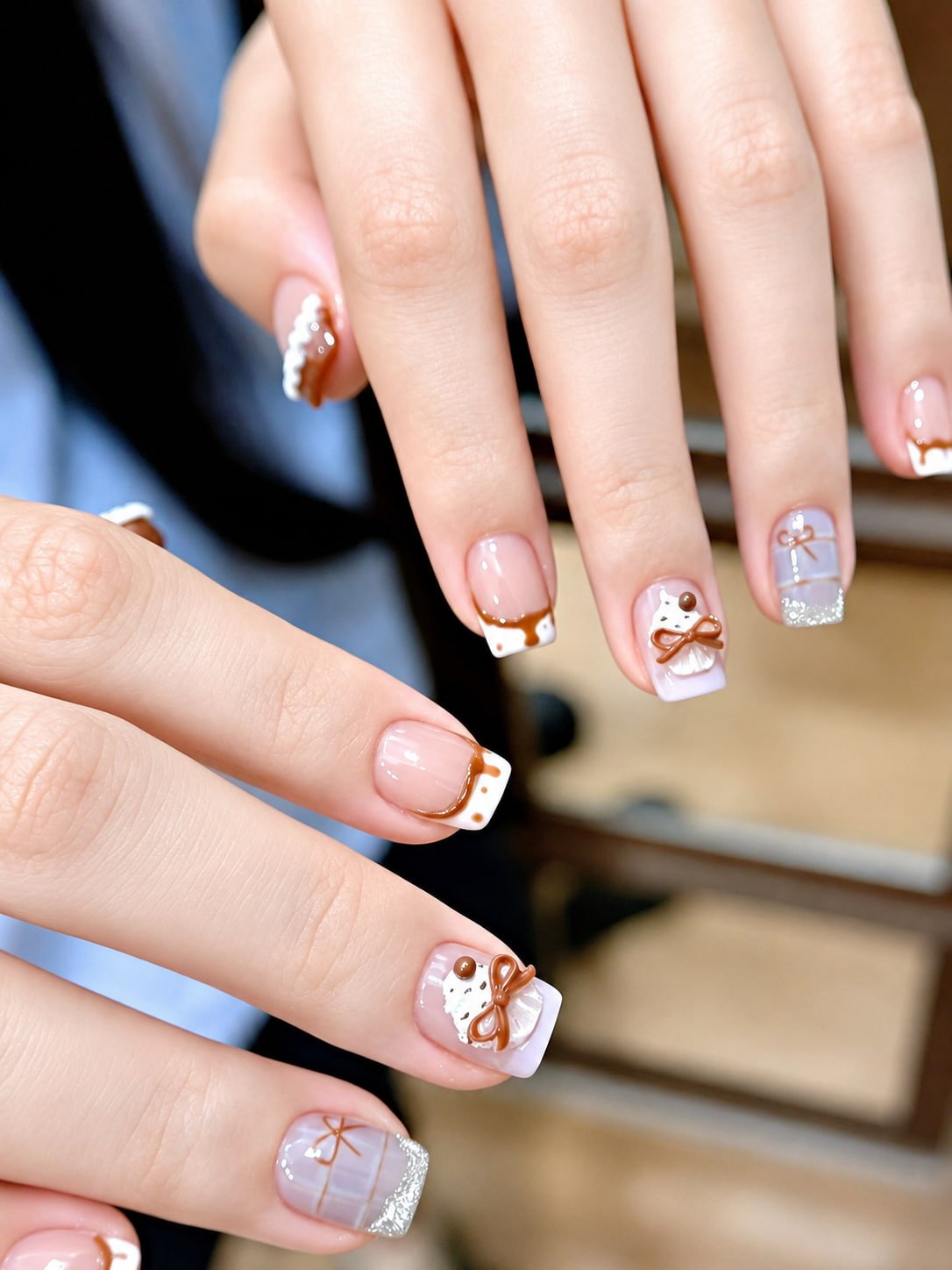 Colorful French Nails with Strawberry, Stars, and Cow Print Art
