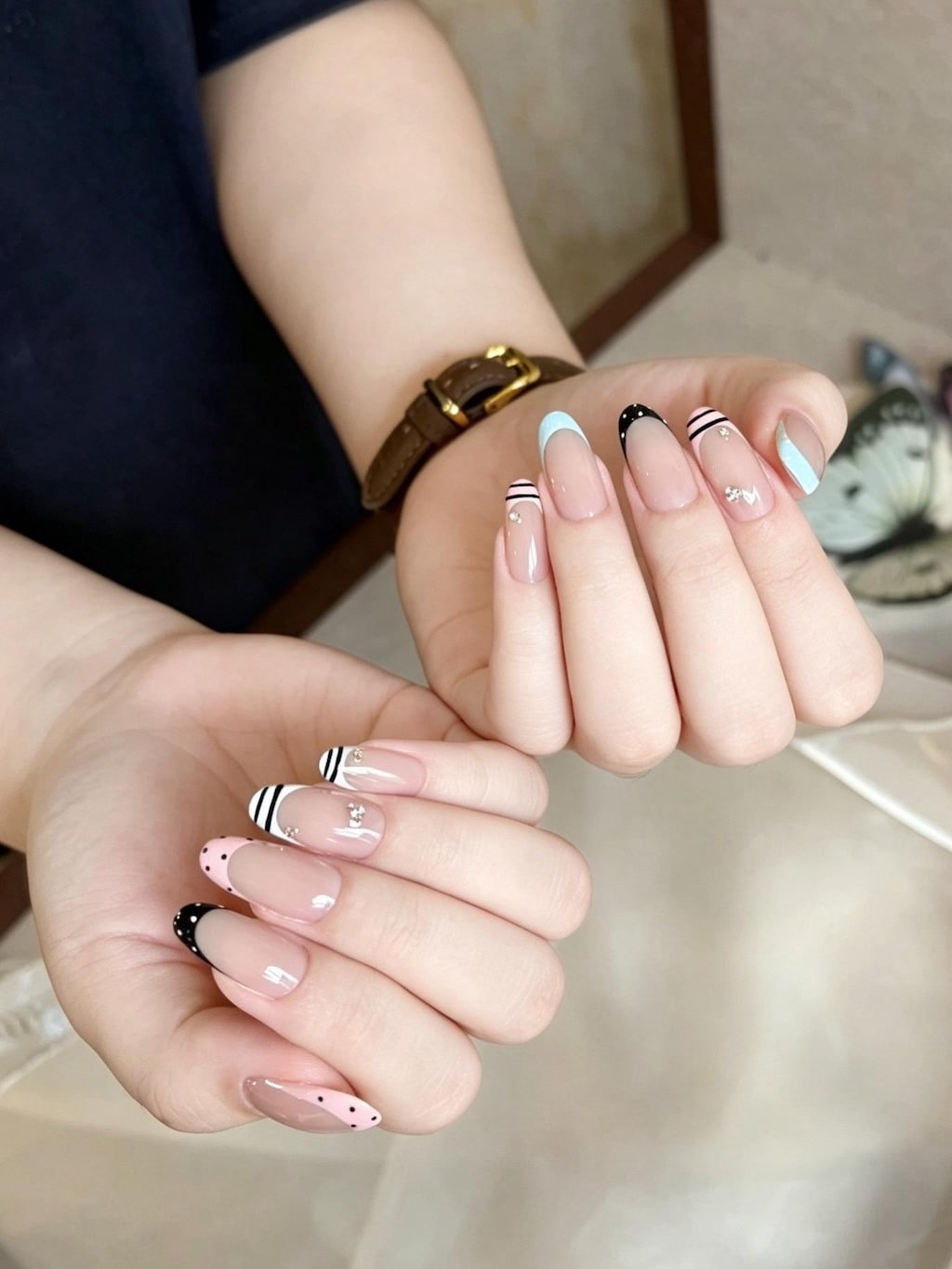 Colorful French Tip Preppy Nails with Double Stripe Details