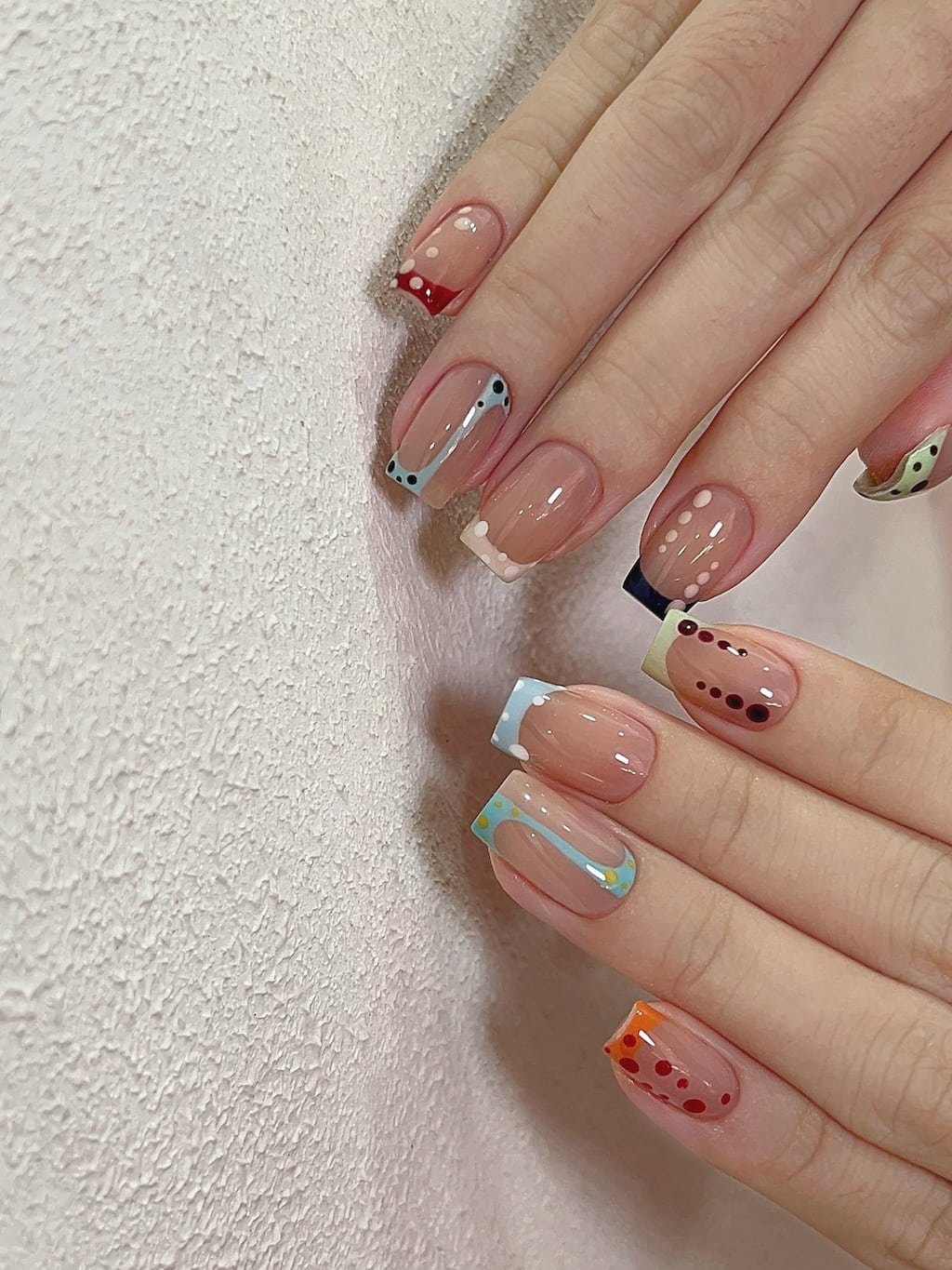 Colorful French Tip Preppy Nails with Polka Dot Details