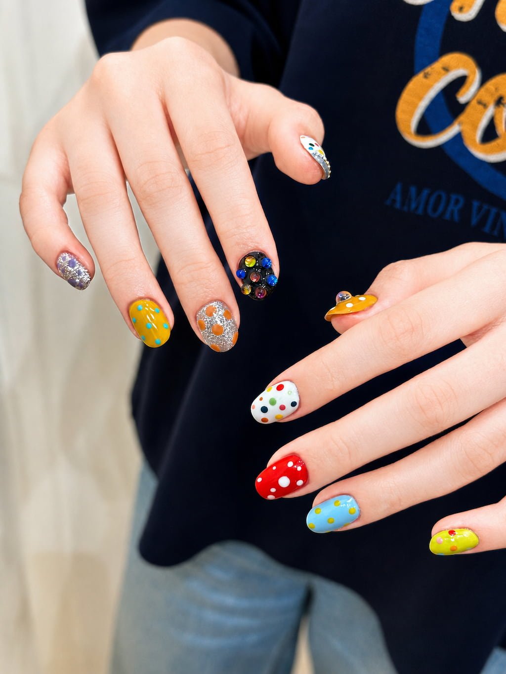 Colorful Polka Dot Preppy Nails with 3D Details