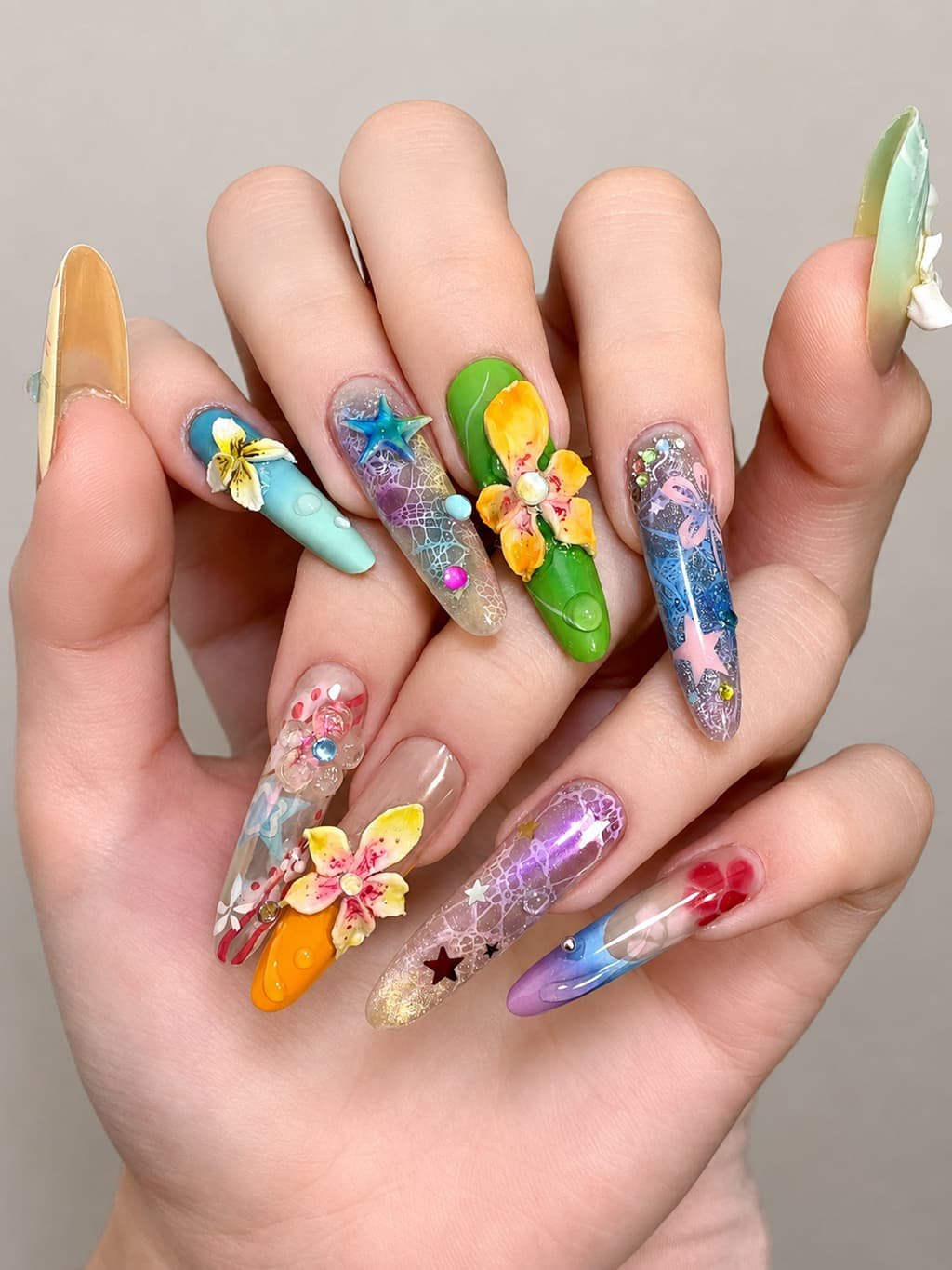 Colorful Tropical Starfish Beachy Nail Design