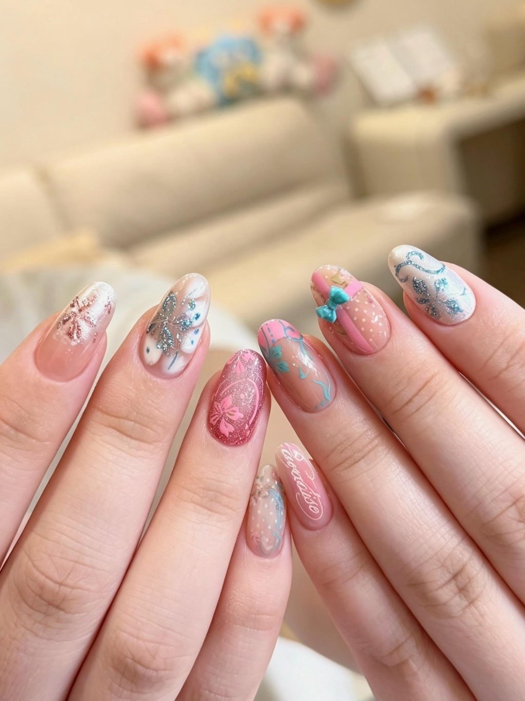 Coquette Preppy Nails with Pink Bows and Butterfly Details