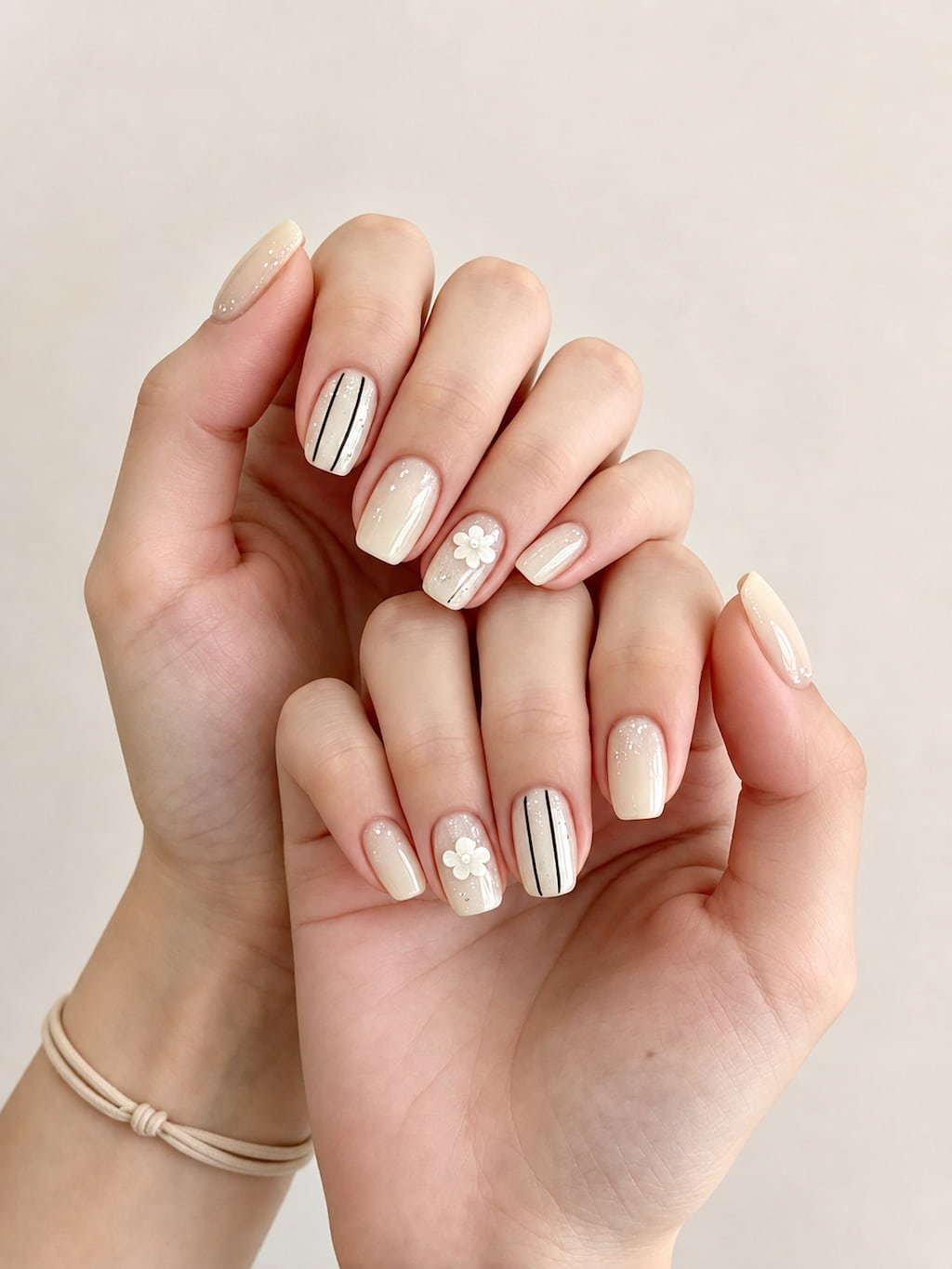 Cream Preppy Nails with Daisy Flowers and Pinstripes