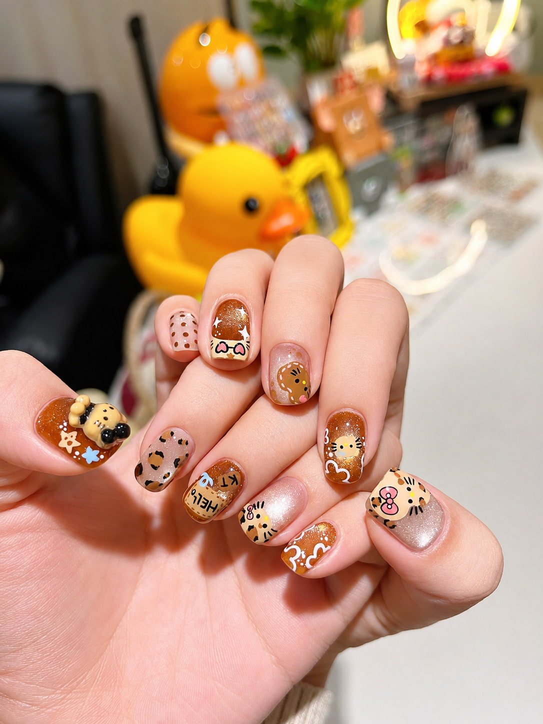 Cute Brown Character and Leopard Print Fall Nail Design