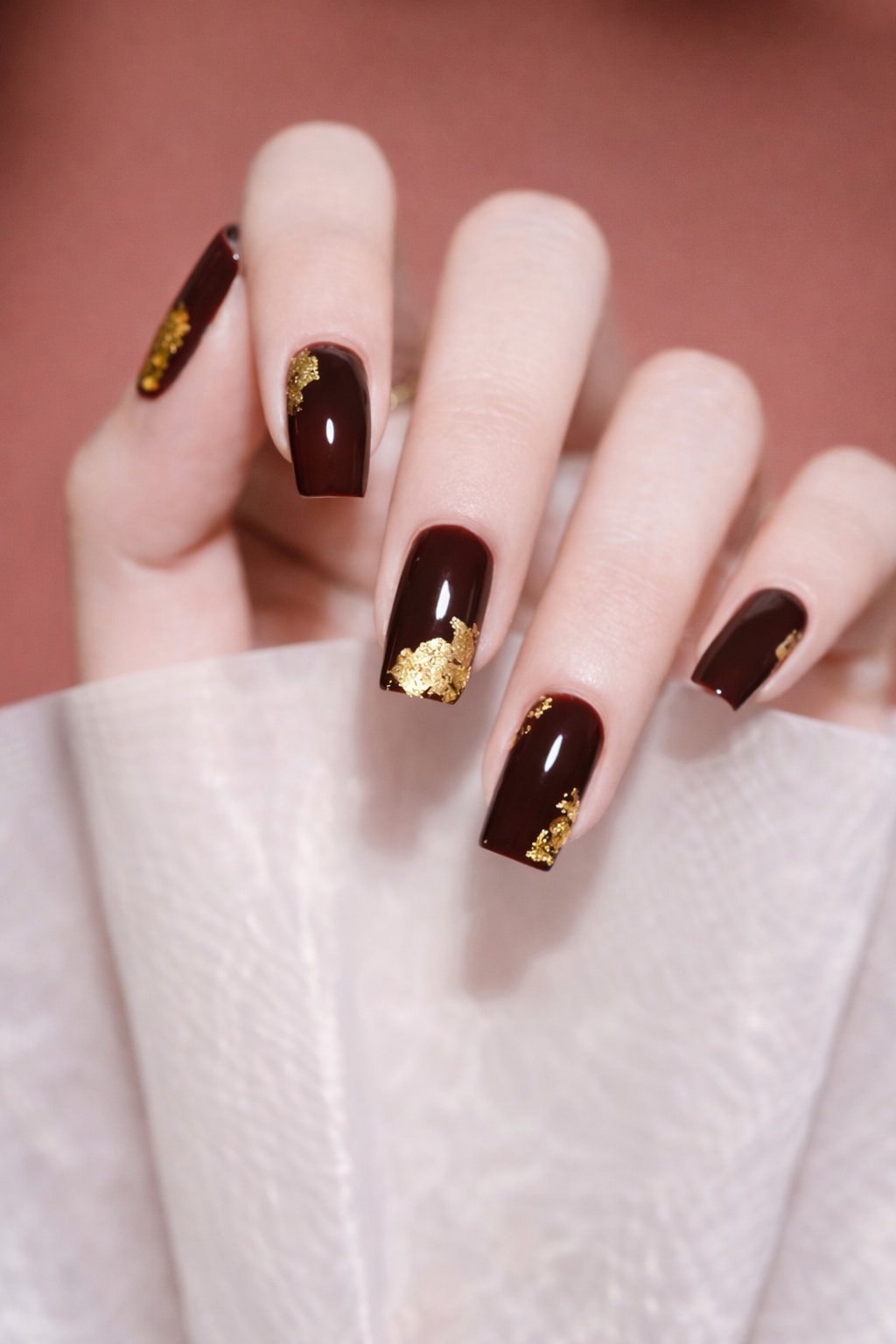Dark Burgundy Wedding Nails with Gold Foil Accents
