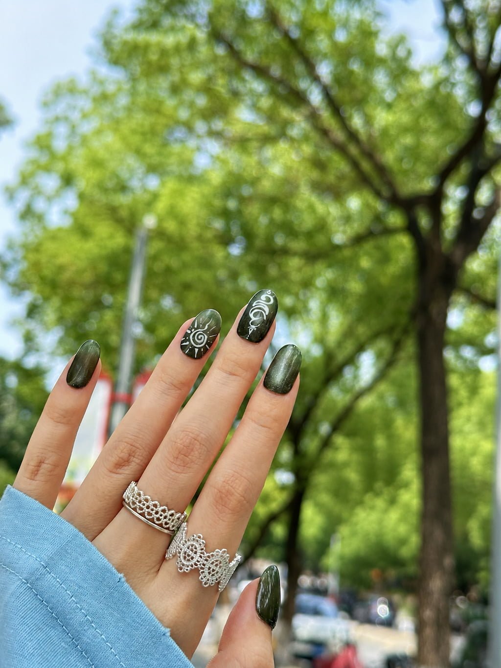 Dark Green Chrome Script Y2K Nails