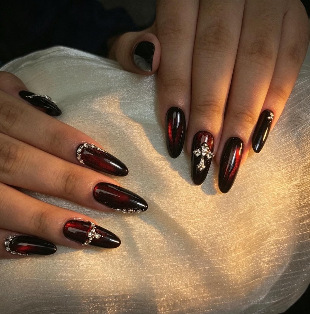 Deep Red Aura Y2K Nails with Crystal Cross Charms