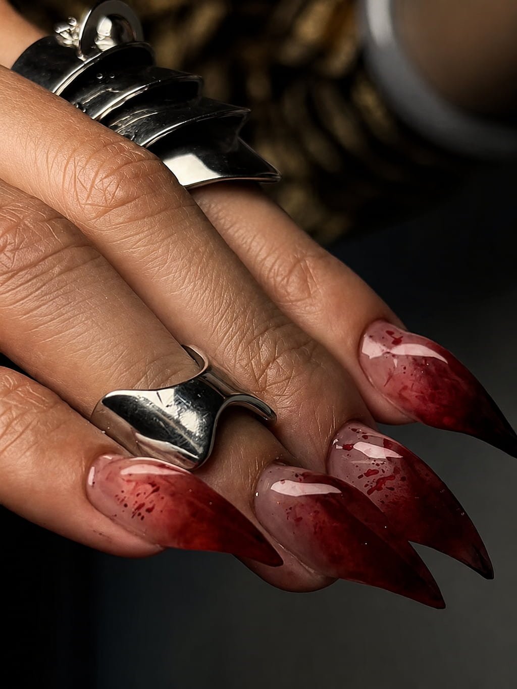 Deep Red Cat Claw Nails with a Glossy Smoky Finish