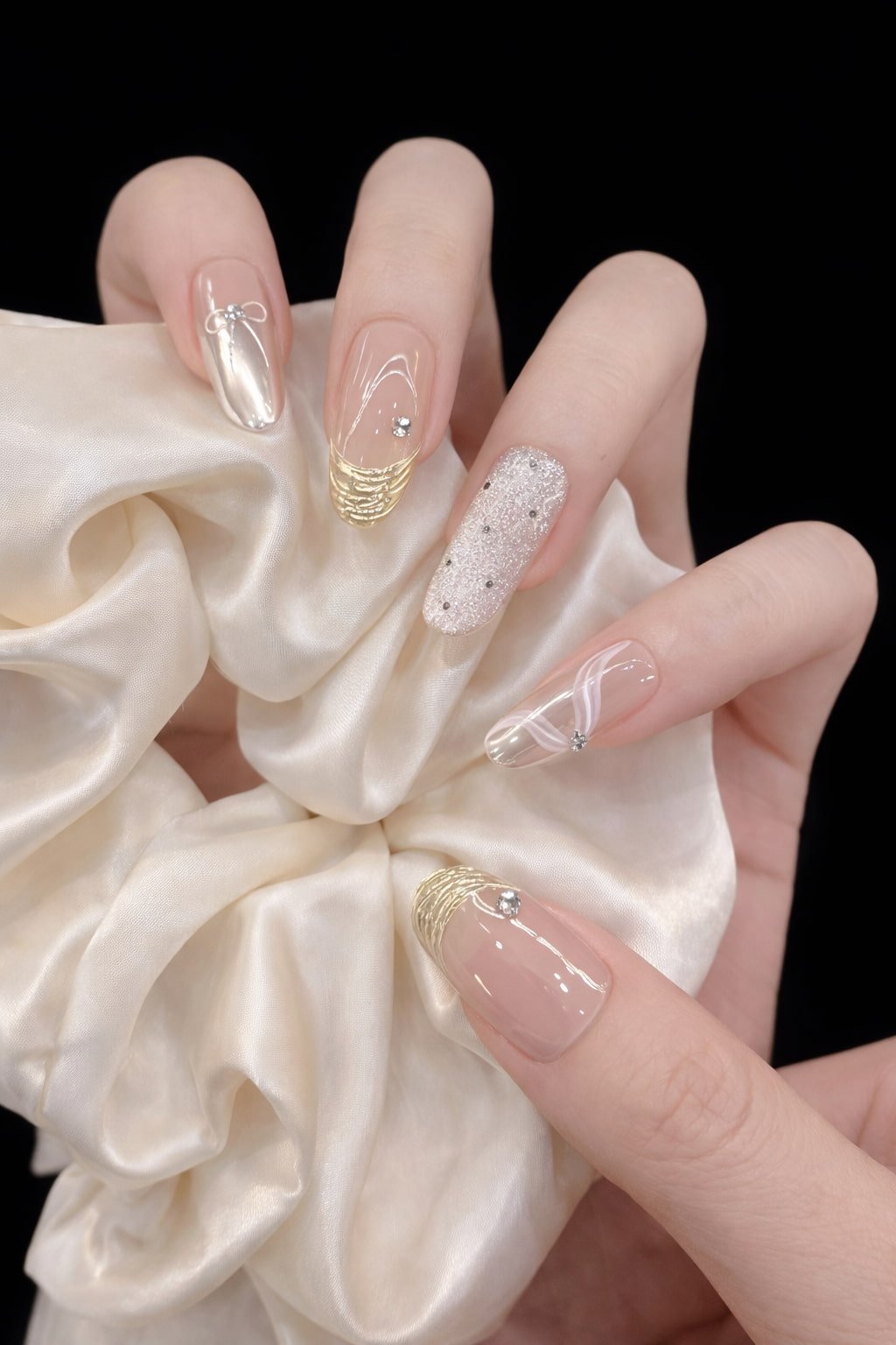 Elegant Gold Wedding Nails with Chrome and Glitter Accents