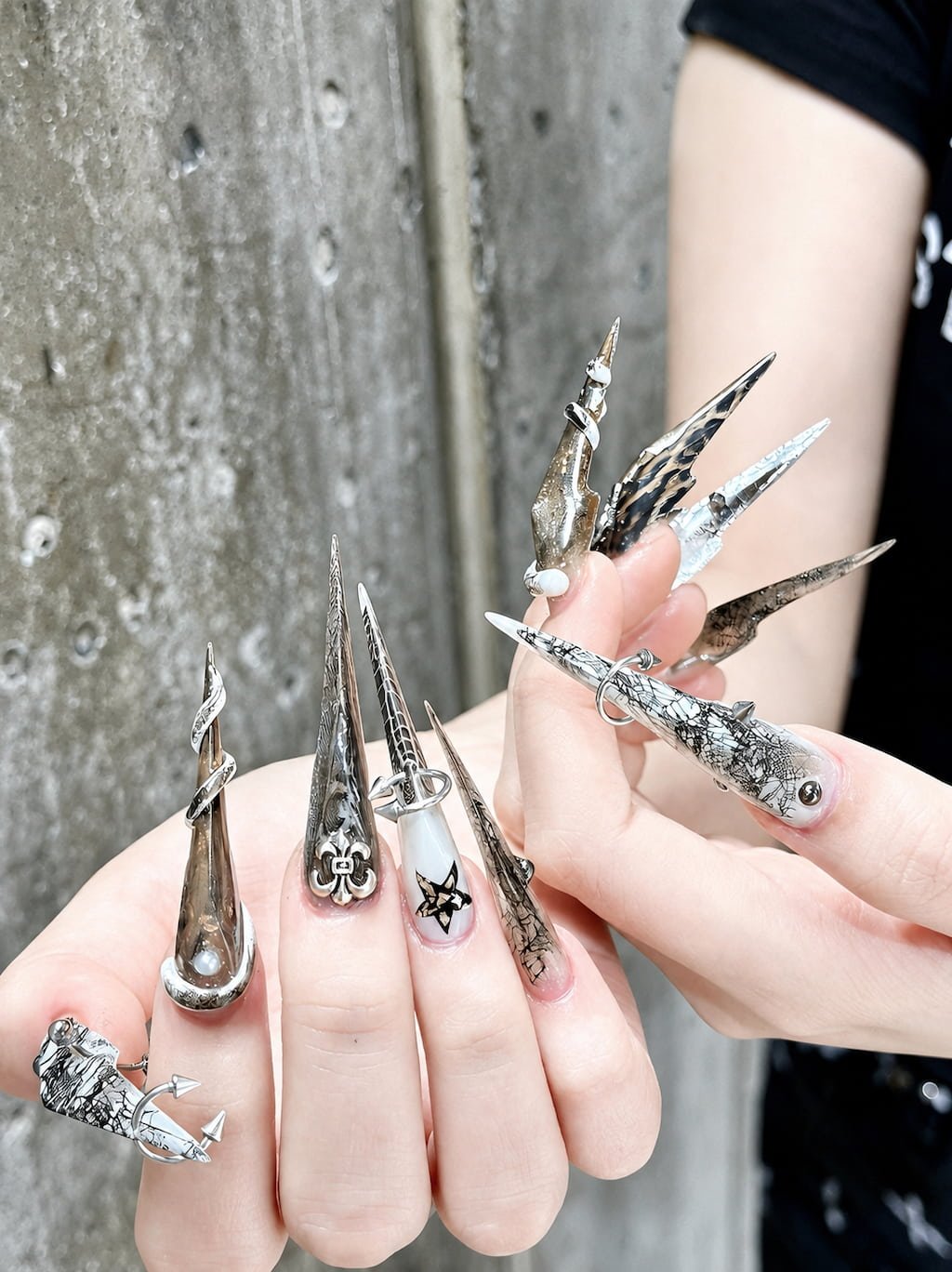 Extreme Gothic Cat Claw Nails with Metal Charms and Lace