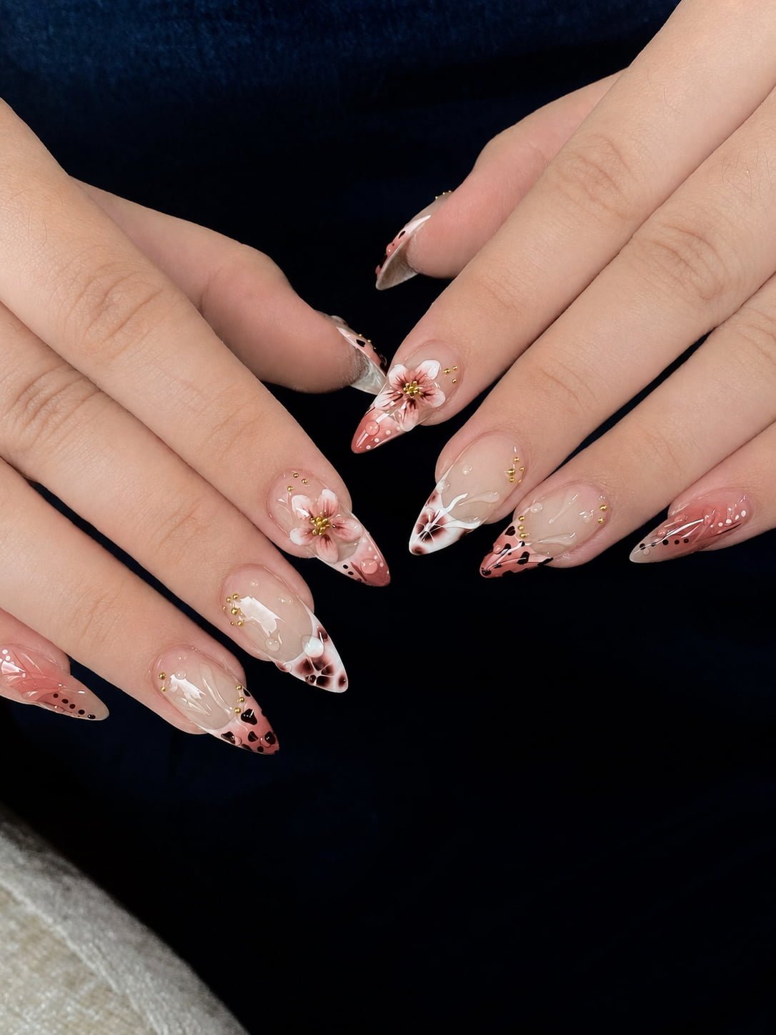 Floral French Nails with Pink Ombre Tips and Gold Studs