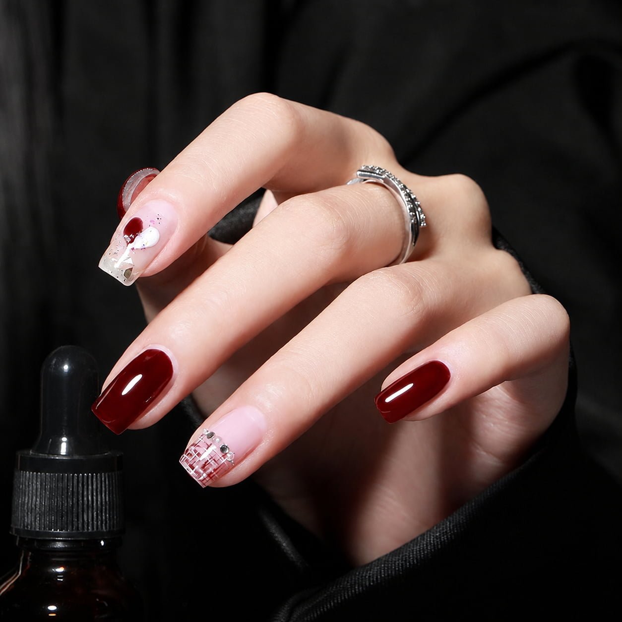 Glossy Burgundy Fall Nail Design with Clear Accent Art