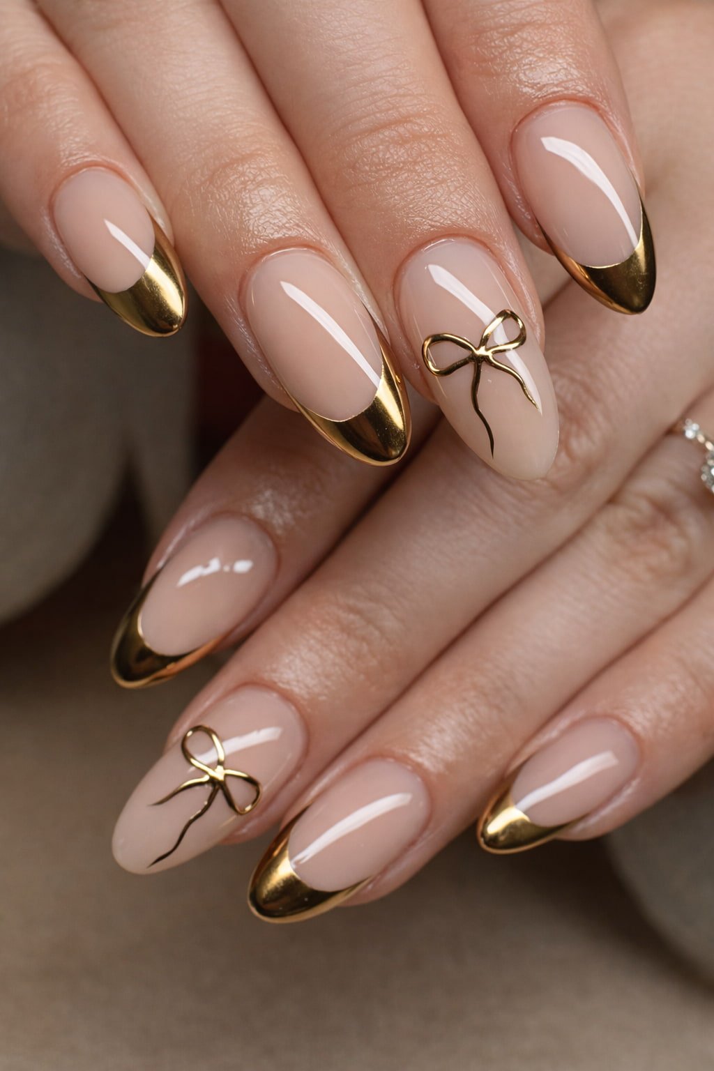 Gold French Tip Wedding Nails with Delicate Bow Accents