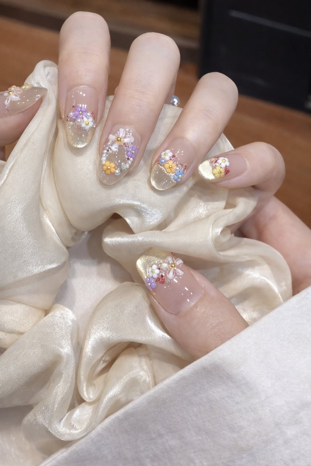 Gold French Wedding Nails with Colorful 3D Flowers