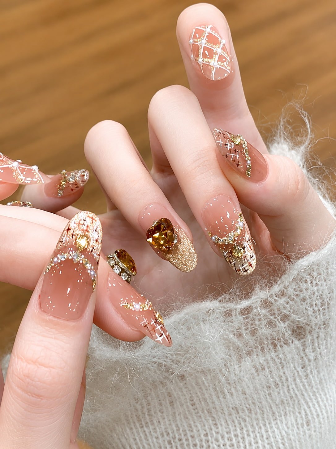 Gold Glitter and Crystal Glam Fall Nail Design