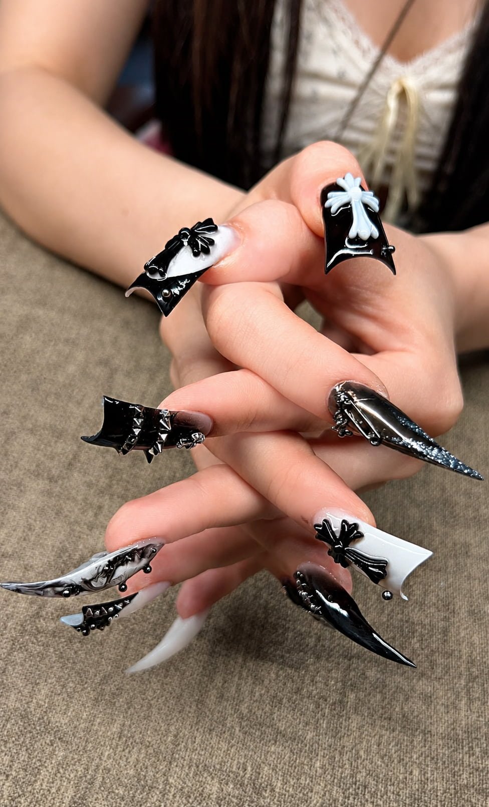 Gothic Black and White Cat Claw Nails with 3D Bows