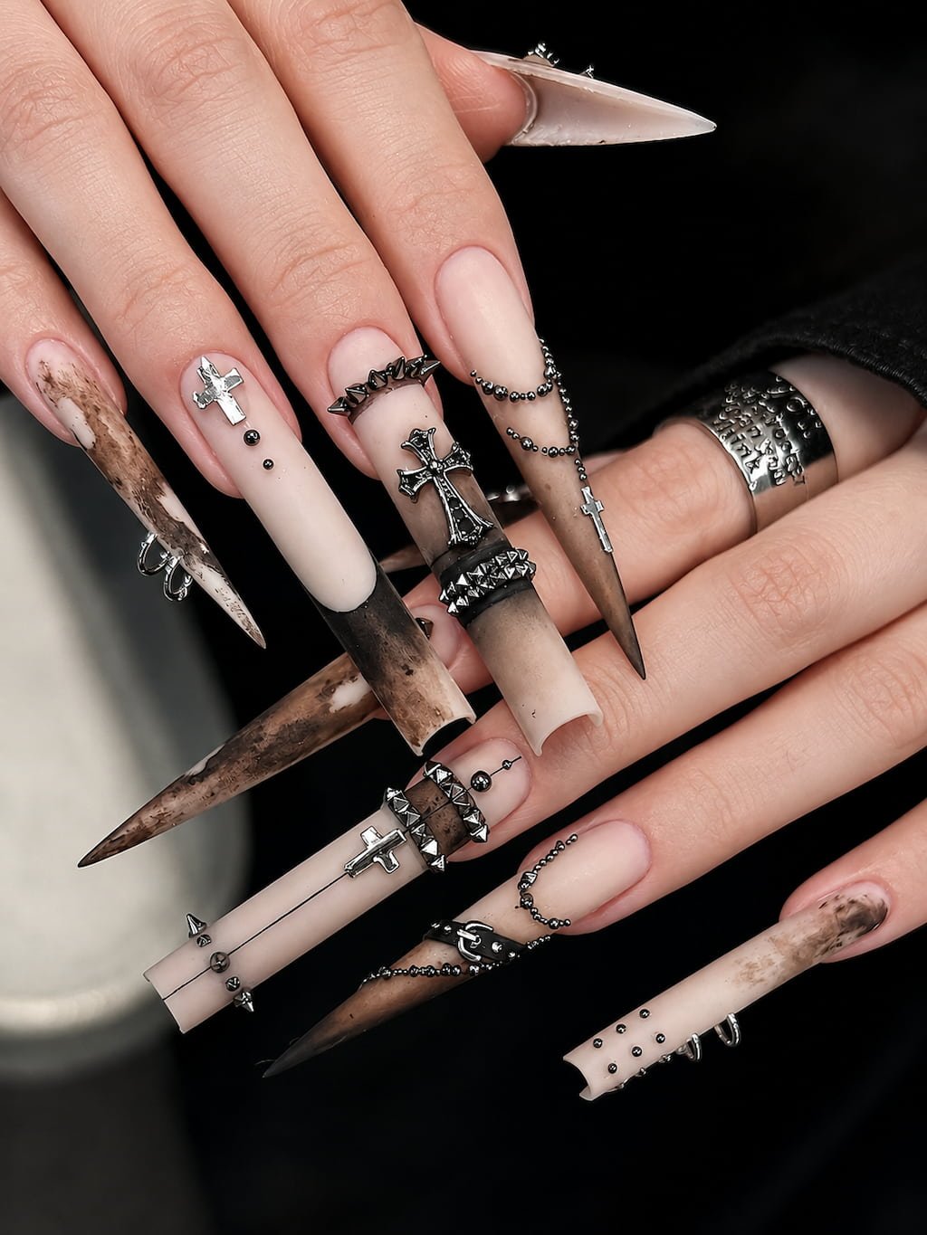 Grunge Cross and Spike Stiletto Y2K Nails