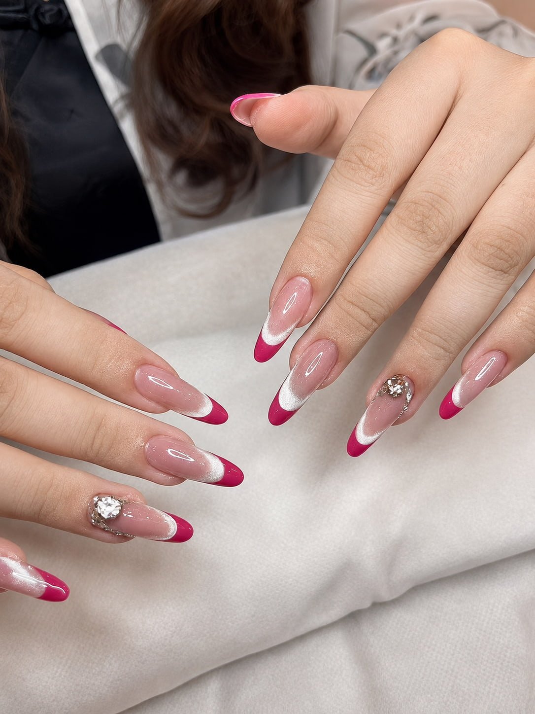 Hot Pink French Nails with Silver Chrome and Crystal Accents