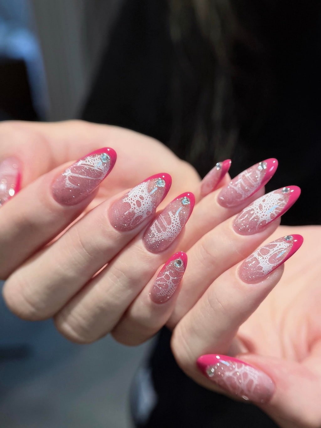 Hot Pink French Nails with White Lace and Crystal Details